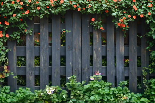 Orange flowers climbing a dark wooden fence in a garden photo