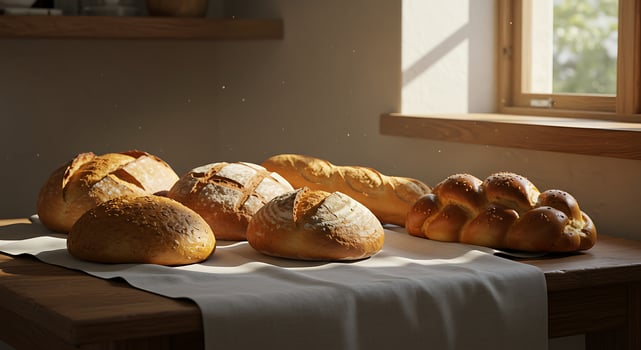 Golden Artisan Breads Artfully Presented in Warm Sunlight photo