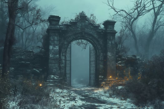 Old mysterious gate to the foggy forest during winter night is opening to the unknown photo