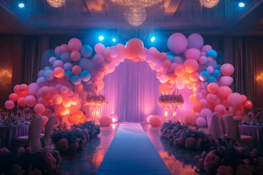 Colorful balloon arch and flower arrangements decorating a wedding reception venue photo