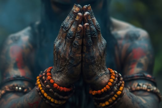 Sadhu joining hands in prayer, covered in ash, wearing colorful bracelets photo