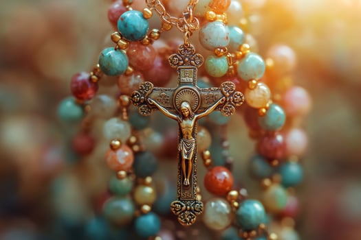 Rosary hanging with colorful beads and Jesus Christ on the cross photo