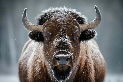 European bison covered with snow facing camera in winter forest photo