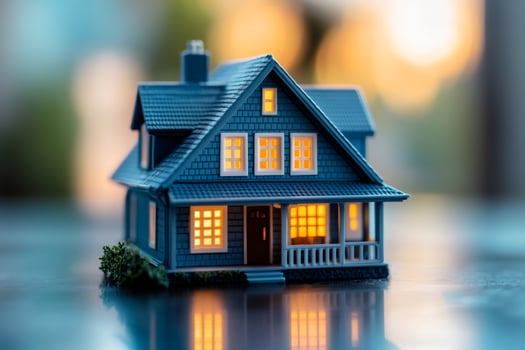 Small house model illuminated at sunset representing the concept of home, family, real estate investment and insurance photo