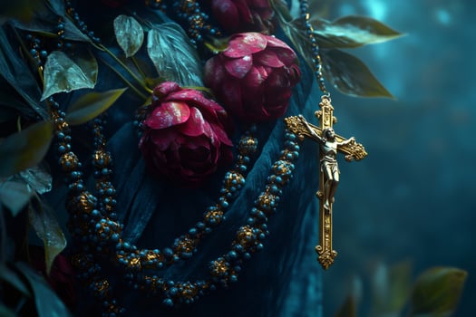 Ornate rosary beads draped over vibrant roses photo