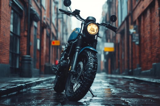 Classic motorcycle parked on wet street during rain photo