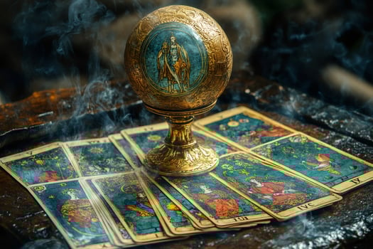 Golden sphere resting on tarot cards creates a mystical atmosphere photo