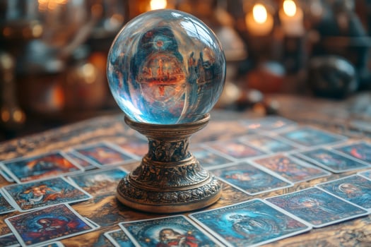 Crystal Ball Stands on Tarot Cards in Candlelit Room photo