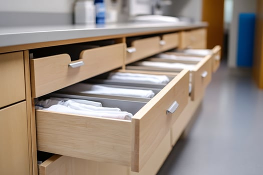 Open wooden drawers containing medical supplies in hospital or clinic setting photo