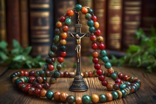 Colorful Rosary Beads with Crucifix Resting on Wooden Table in Front of Books photo