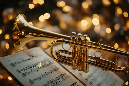 Shiny trumpet resting on musical sheet with bokeh lights photo