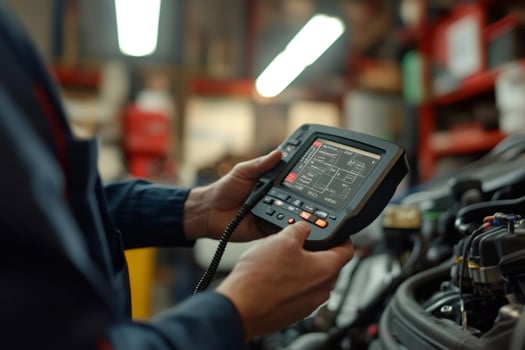 Mechanic using diagnostic tool in auto repair shop photo