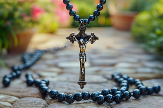 Silver crucifix hanging from black rosary beads with blurred garden in background photo