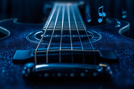 Close up of acoustic guitar with musical notes photo