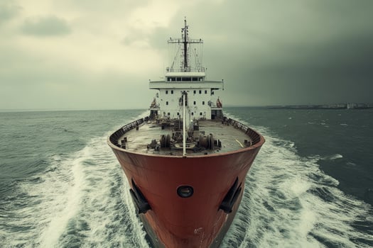 Large cargo ship sailing on rough sea under cloudy sky photo