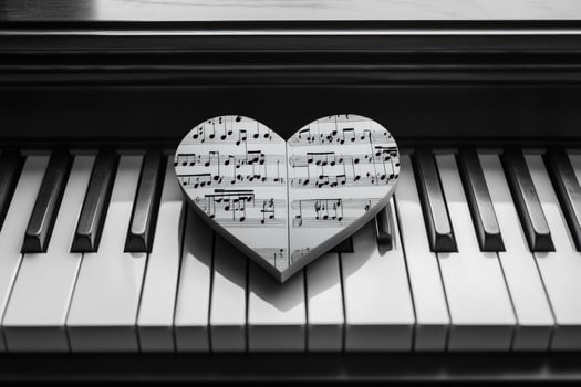 Heart shaped music sheet resting on piano keys expressing love for music photo