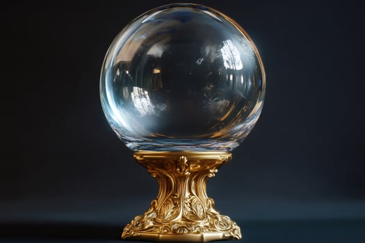 Crystal ball resting on an elegant golden pedestal, revealing the future photo