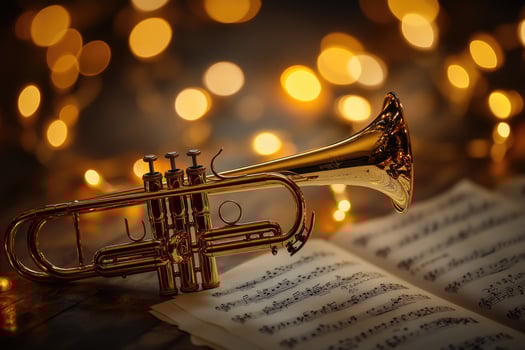 Shiny trumpet lying on musical score with warm bokeh lights in background photo