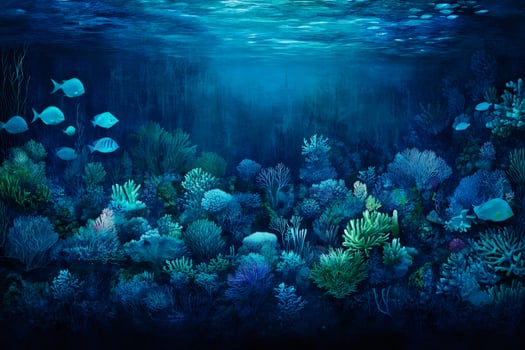 Tropical fish swimming over a colorful coral reef in the deep blue ocean photo