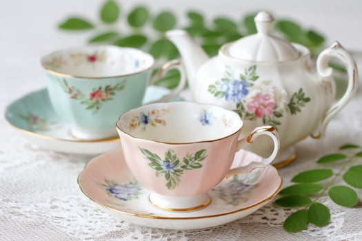 Elegant porcelain tea set with floral designs featuring a teapot and two cups on a lace tablecloth showcasing a charming tea time atmosphere concept photo