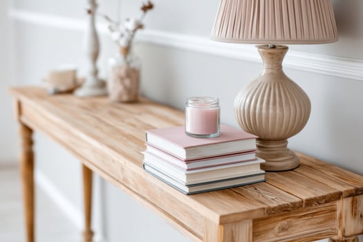 Elegant wooden console table adorned with stacked books, a soft candle, and a stylish lamp creating a cozy home decor atmosphere, interior design concept photo