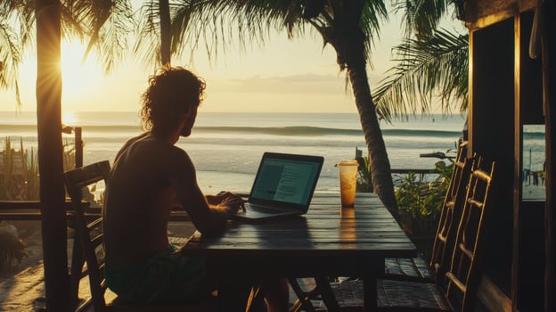 Young caucasian male working remotely on laptop by tropical beach at sunset photo