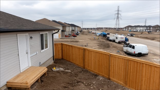 A view of a house under construction with a wooden fence photo