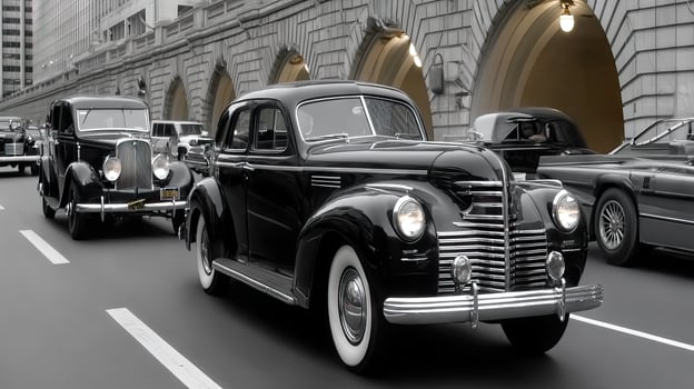 1940s vintage cars driving down a city street photo
