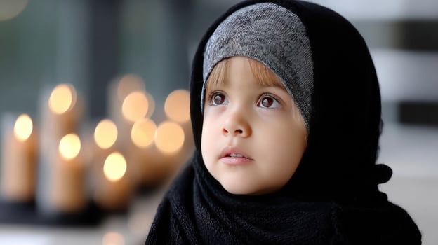 A little girl wearing a black headscarf looks up at the camera photo