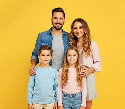 Happy Family of Four Posing on Yellow Background photo