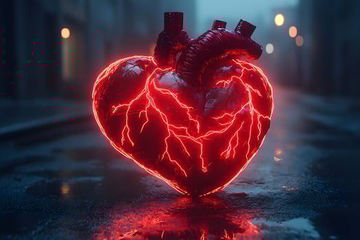 Futuristic Cyberpunk Heart with Electric Pulses in Urban Nightscape photo