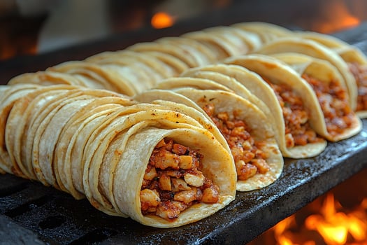 Delicious Street Food Tacos with Spiced Meat Filling on a Grill photo