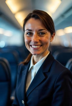A caucasian woman, brown hair in a ponytail, white skin, wearing a dark blue suit inside an airplane photo