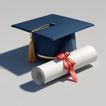 a graduation cap and diploma roll on a white surface photo