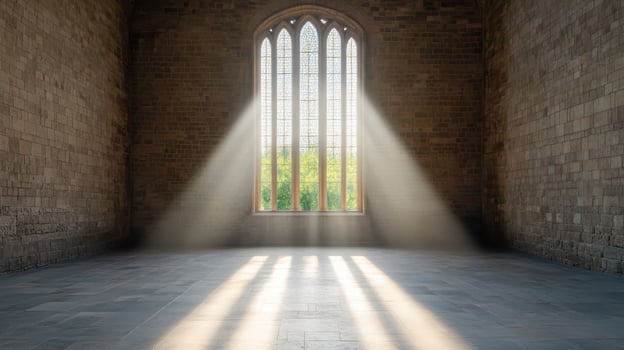 Dramatic light beams through stained glass window in stone room, creating serene atmosphere photo