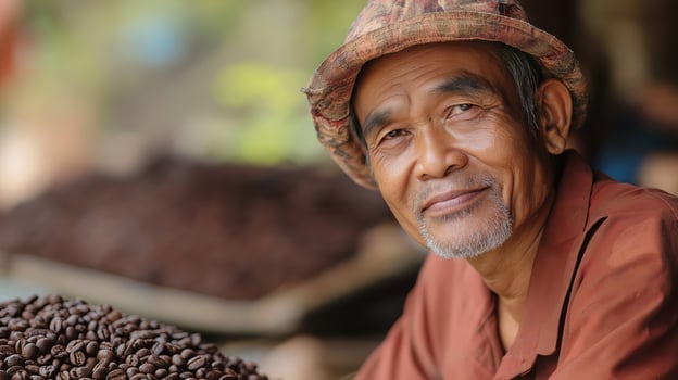 Person in a hat with coffee beans harvest photo