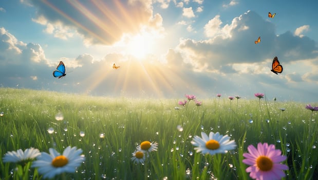 Field of Flowers with Butterflies and Sunlight photo