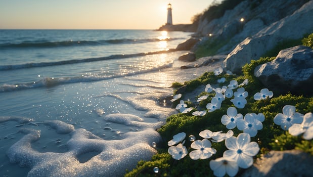 Lighthouse and Beach at Sunset with White Flowers photo