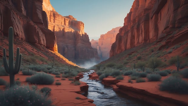 Desert Canyon with River and Cactus Landscape photo