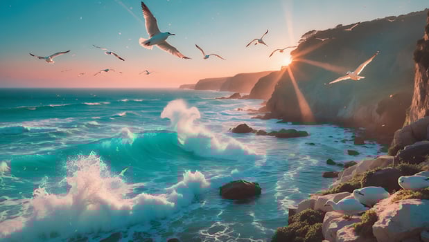 Seagulls Flying Over Ocean Waves at Sunset photo