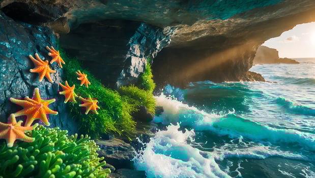 Starfish on Rocky Coastline with Ocean Waves photo