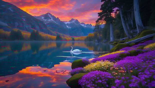 Swan Swimming on a Lake with Mountain and Flower photo