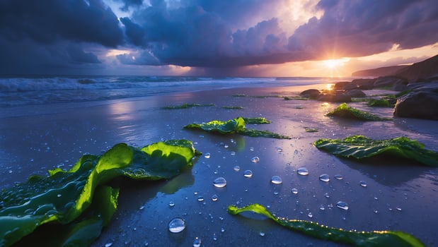 Beach with Seaweed and Water Droplets at Sunset photo