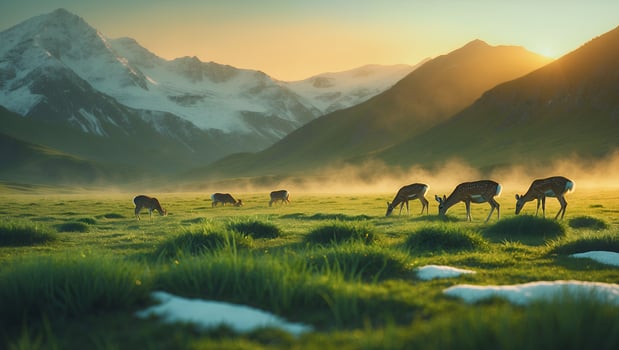 Deer Grazing in Mountain Meadow at Sunset photo