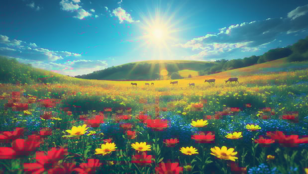 Flower Meadow with Deer Under Bright Sun and Blue Sky photo