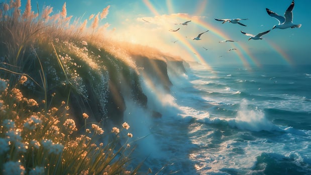Coastal Cliffs with Seagulls and Rainbows photo