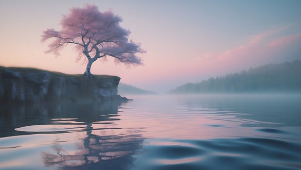 Blossom Tree by Lake at Sunrise photo
