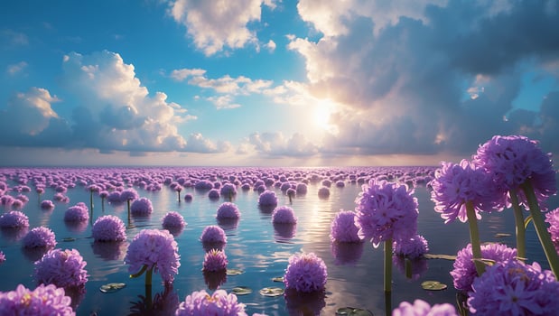 Purple Flowers in Water Field Landscape photo
