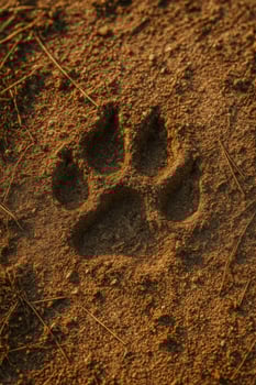 Close-up of Iberian wolf paw print on dry sandy soil, warm light. photo