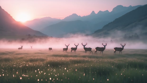 Deer in Misty Meadow at Sunrise photo